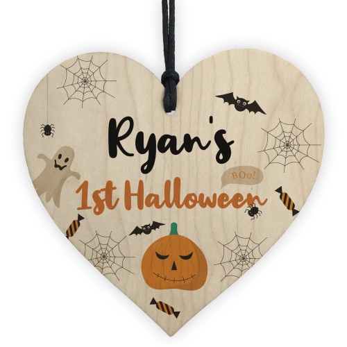 Personalised Babys 1st Halloween Hanging Wood Heart Decoration
