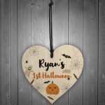 Personalised Babys 1st Halloween Hanging Wood Heart Decoration