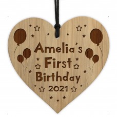 Baby Boy Girls First Birthday Keepsake Wood Heart Engraved Heart