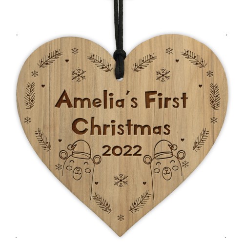 Babys 1st Christmas Engraved Wood Heart Daughter Son Decoration