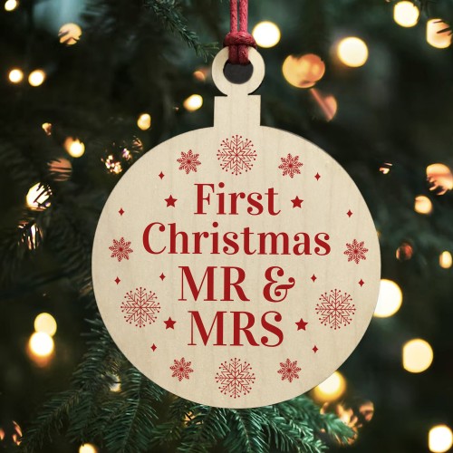 Mr & Mrs First Christmas Bauble Wood Hanging Tree Decoration