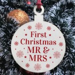 Mr & Mrs First Christmas Bauble Wood Hanging Tree Decoration