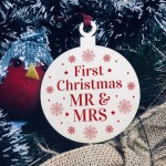 Mr & Mrs First Christmas Bauble Wood Hanging Tree Decoration
