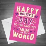Mothers Day Card For GREATEST MUM IN THE WORLD Card For Mum