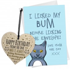 Funny Cat Birthday Card and Wooden Heart Birthday Gift From Cat