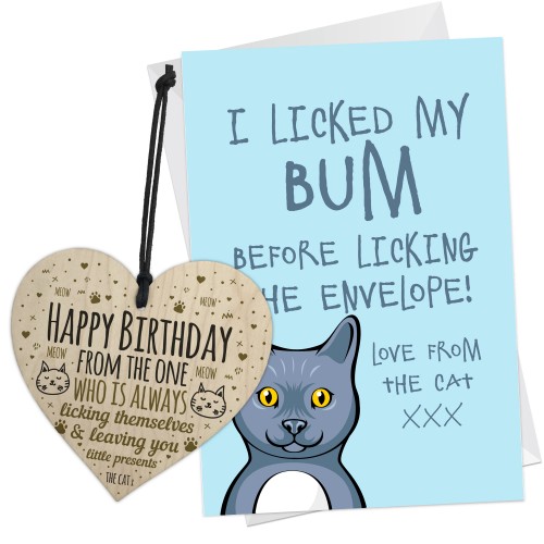 Funny Cat Birthday Card and Wooden Heart Birthday Gift From Cat