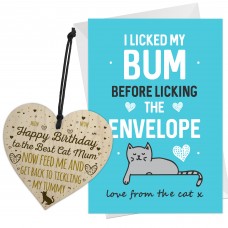 Funny Cat Mum Birthday Card and Wooden Heart Birthday Cat Gifts