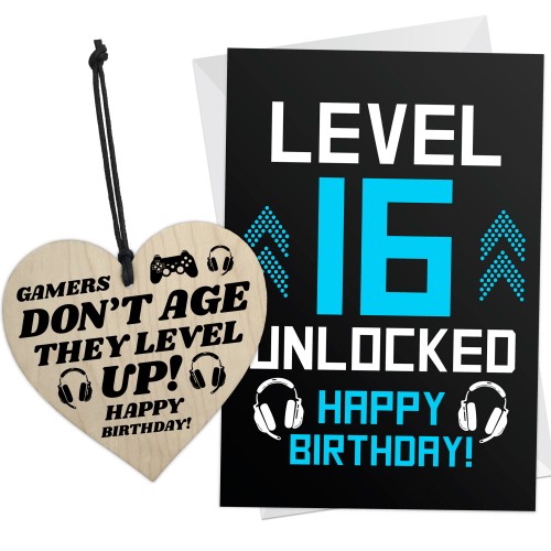 16th Birthday Card Wooden Heart Level 16 Unlocked Perfect Gift
