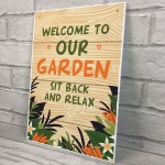 Welcome To Our Garden Sign A4 Hanging Wall Door Plaque Shed Sign