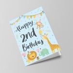 2nd Birthday Jungle Animals Card for Girls Boys 2 Year Old Child