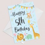 5th Birthday Jungle Animals Card for Girls Boys 5 Year Old Child