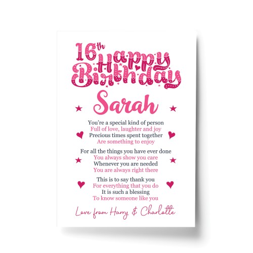 PERSONALISED 16th Birthday Gifts For Her Gift For Daughter A4