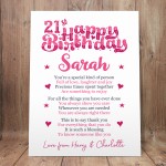 PERSONALISED 21st Birthday Gifts For Her Gift For Daughter A3