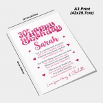 PERSONALISED 30th Birthday Gifts For Her Gift For Daughter A3