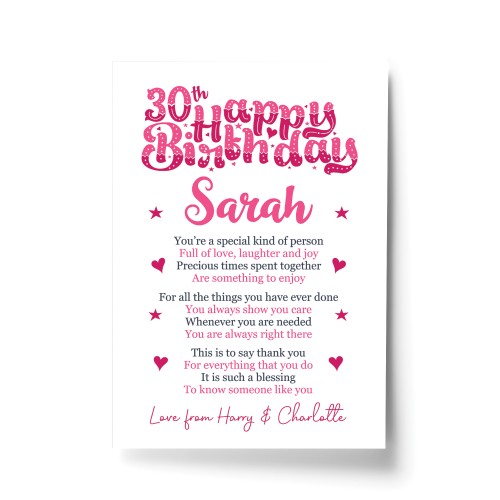 PERSONALISED 30th Birthday Gifts For Her Gift For Daughter A4