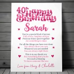 PERSONALISED 40th Birthday Gift For Her Gift For Daughter A3