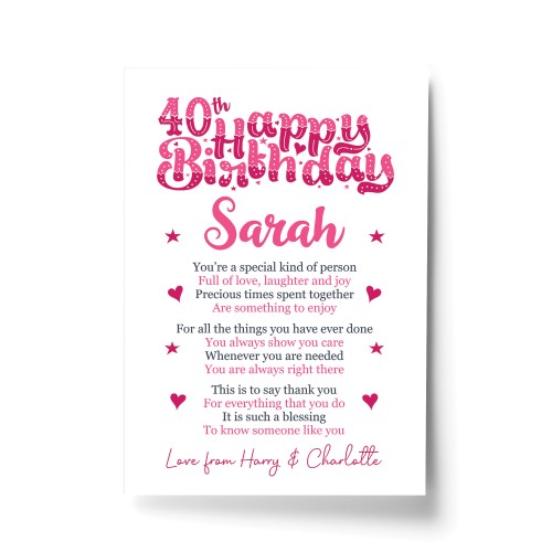 PERSONALISED 40th Birthday Gifts For Her Gift For Daughter A4