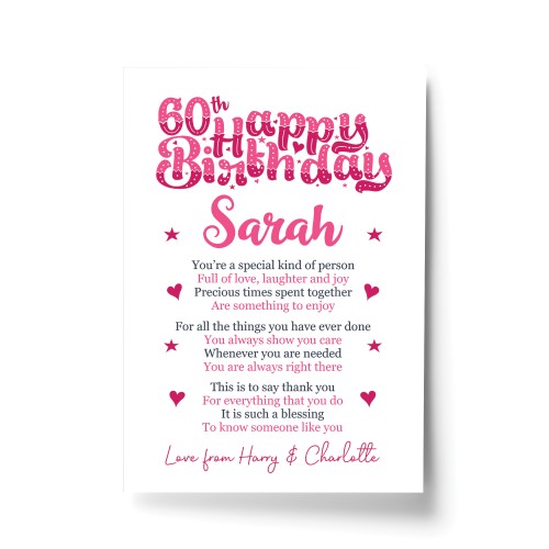 PERSONALISED 60th Birthday Gifts For Her Gift For Daughter A4