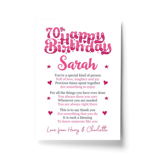 PERSONALISED 70th Birthday Gifts For Her Gift For Mum Nan A4