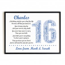 Personalised 16th Birthday Gifts for Him Men Son A3 Framed Print