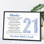 Personalised 21st Birthday Gifts for Him Men Son A3 Framed Print
