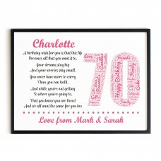 Personalised 70th Birthday Gift for Her Wife Mum A3 Framed Print