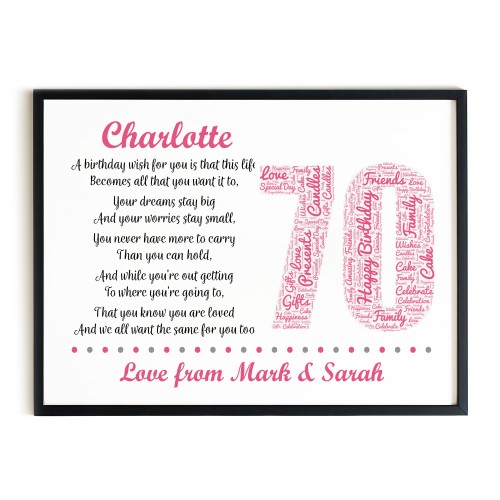 Personalised 70th Birthday Gift for Her Wife Mum A3 Framed Print