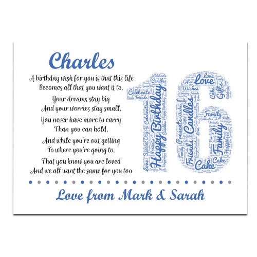 Personalised 16th Birthday Gift for Him Men Son Brother A3 Print