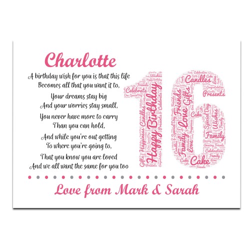 Personalised 16th Birthday Gifts for Her Girls Daughter A3 Print