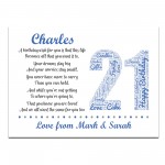 Personalised 21st Birthday Gift for Him Men Son Brother A4 Print