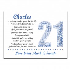 Personalised 21st Birthday Gift for Him Men Son Brother A4 Print