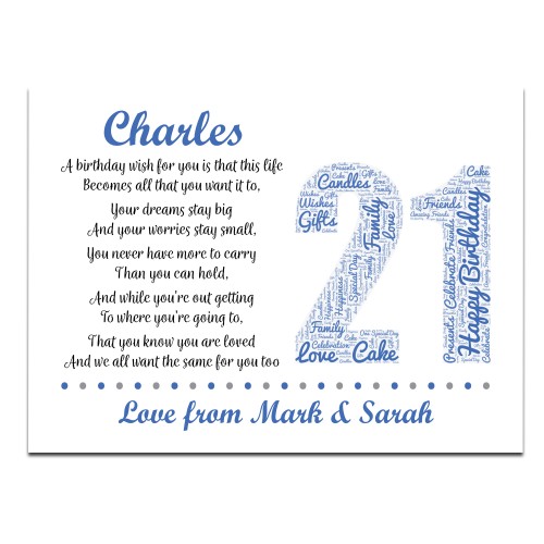 Personalised 21st Birthday Gift for Him Men Son Brother A4 Print