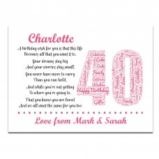 Personalised 40th Birthday Gifts for Her Women Wife Mum A3 Print