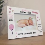 Personalised Baby Girl Newborn Gift 7x5 White Wooden Photo Frame
