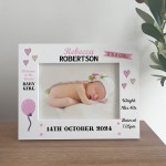 Personalised Baby Girl Newborn Gift 7x5 White Wooden Photo Frame