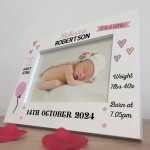 Personalised Baby Girl Newborn Gift 7x5 White Wooden Photo Frame