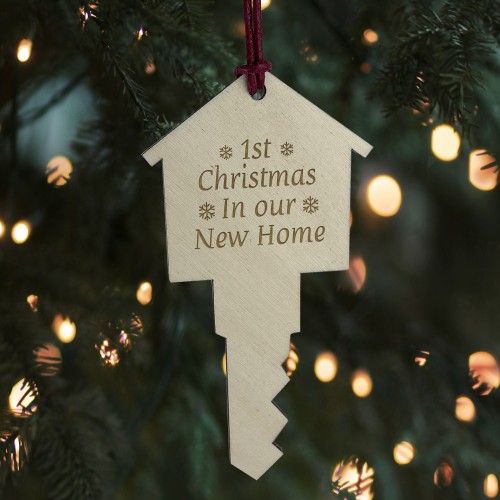 First Christmas New Home Bauble Engraved Wooden Tree Decoration