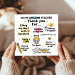 Thank You Card For Teacher Card For Him Her Appreciation Card