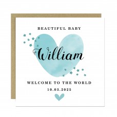 New Baby Card Watercolour Personalised Welcome to the World Boy