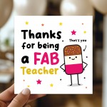 Teacher Thank You Card FAB TEACHER Card With Kraft Envelope