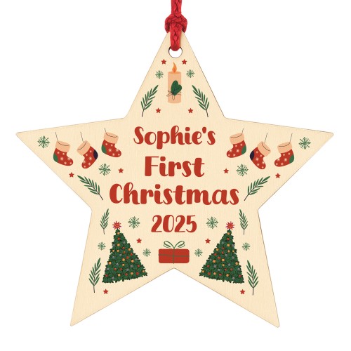 Personalised Baby First Christmas Bauble Wooden Star Xmas Personalised Baby First Christmas Bauble Wooden Star Xmas