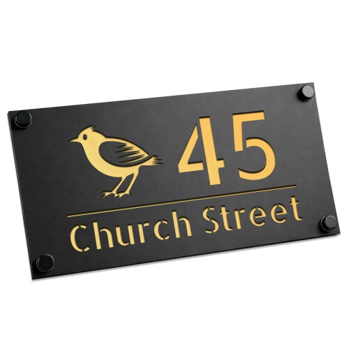 Personalised House Number Sign Gold Back Bird Design