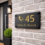 Personalised House Number Sign Gold Back Bird Design