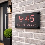 Personalised House Number Sign Rose Gold Back Bird Design