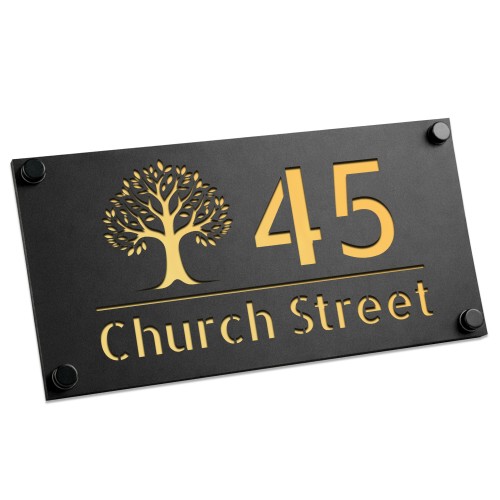 Personalised House Number Sign Gold Back Tree Design