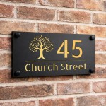 Personalised House Number Sign Gold Back Tree Design