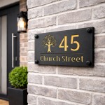 Personalised House Number Sign Gold Back Tree Design