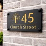 Personalised House Number Sign Gold Back Tree Design