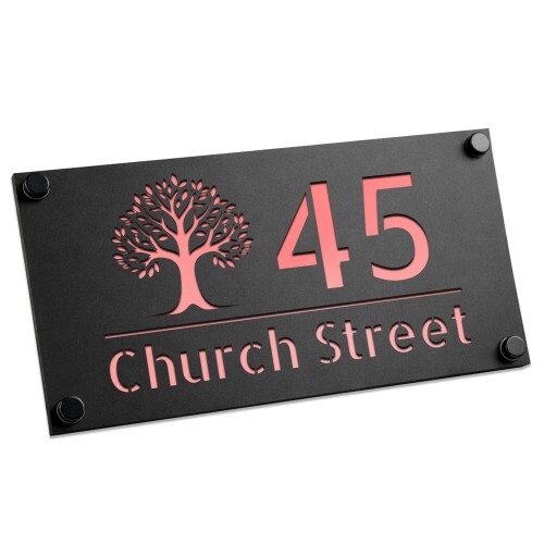 Personalised House Number Sign Rose Gold Back Tree Design