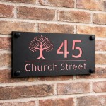 Personalised House Number Sign Rose Gold Back Tree Design